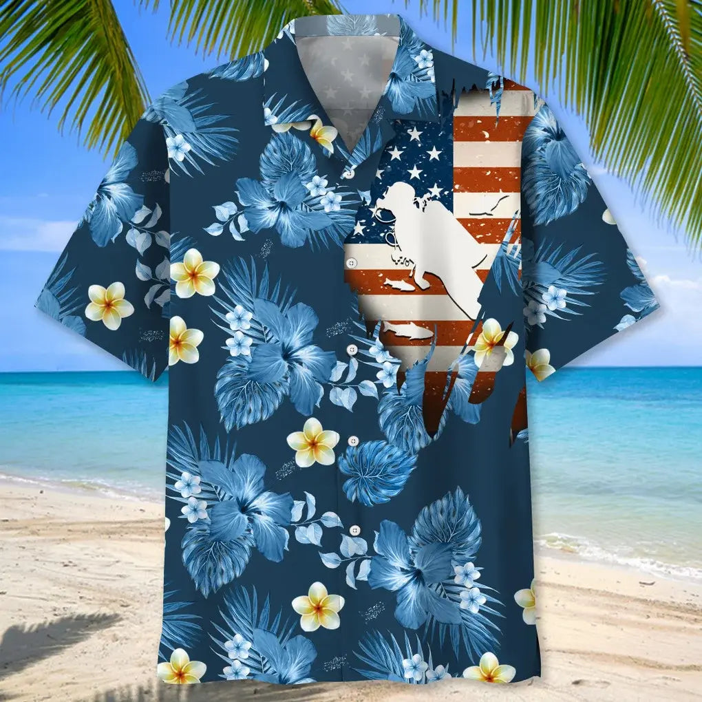 American Tropical Scuba Diving Blue Hawaiian Shirt For Tropical Holidays, Outdoor Gatherings, And Everyday Comfort