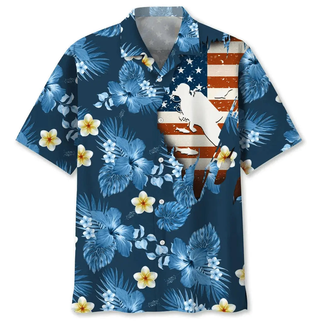 American Tropical Scuba Diving Blue Hawaiian Shirt For Tropical Holidays, Outdoor Gatherings, And Everyday Comfort