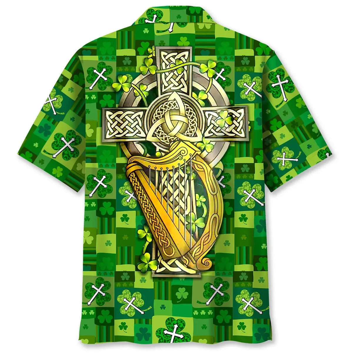 Shamrock Cross Irish Saint Patrick's Day Hawaiian Shirt For Resort Trips, Coastal Parties, And Warm Weather Style