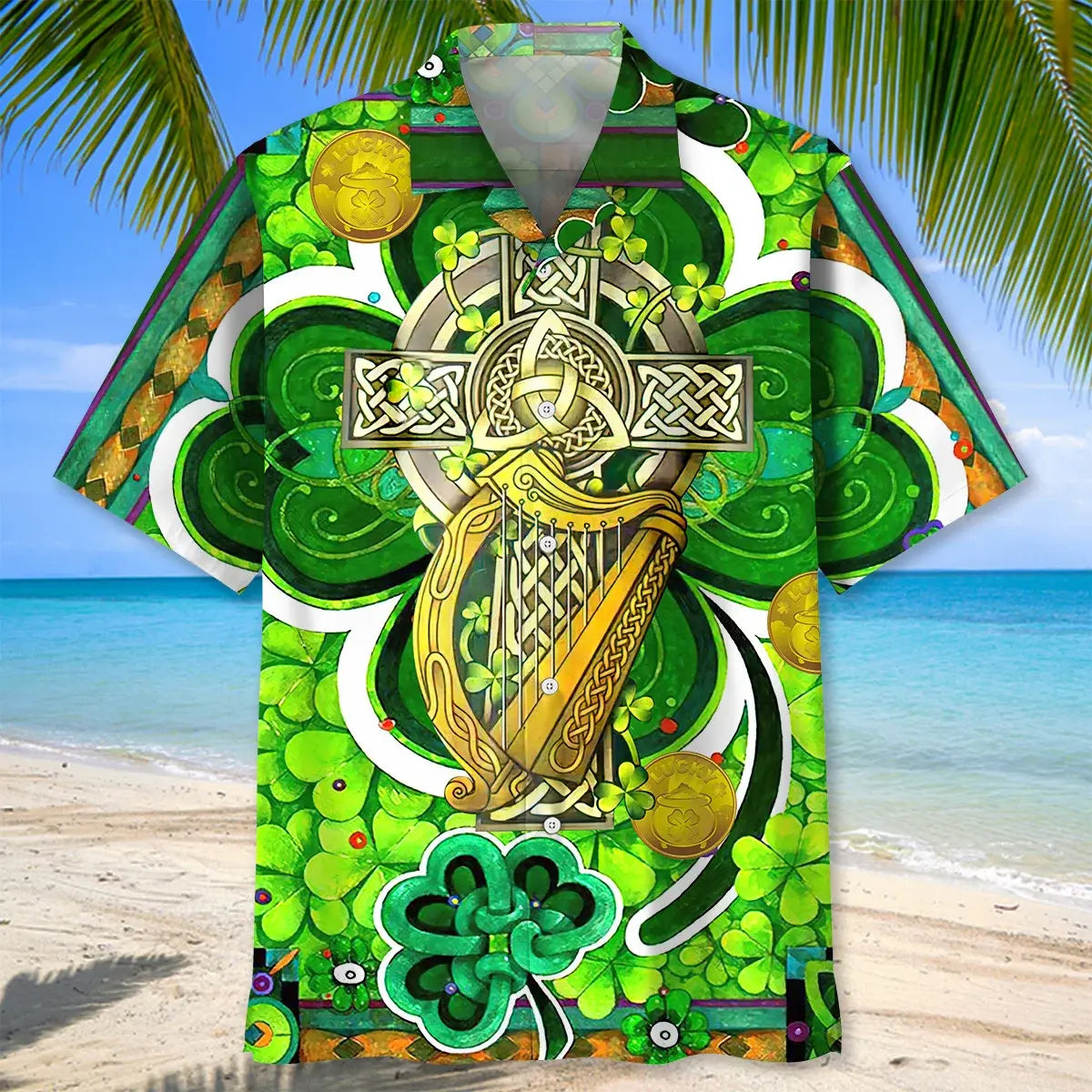 Shamrock Green Irish Saint Patrick's Day Hawaiian Shirt For Summer Vacation, Beach Travel, And Casual Wear