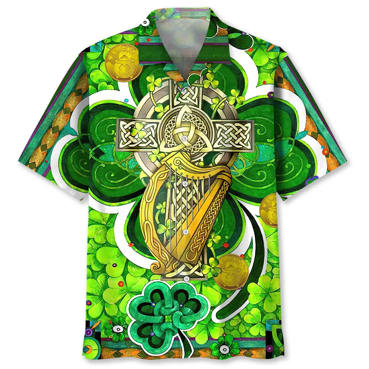 Shamrock Green Irish Saint Patrick's Day Hawaiian Shirt For Summer Vacation, Beach Travel, And Casual Wear
