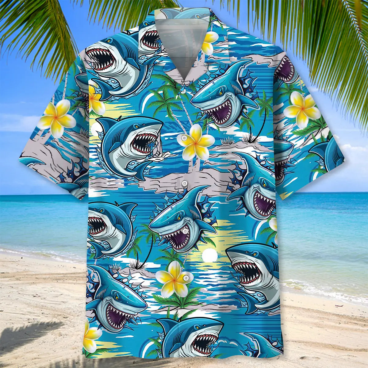 Island Shark Aloha Hawaiian Shirt For Summer Vacation, Beach Travel, And Casual Wear
