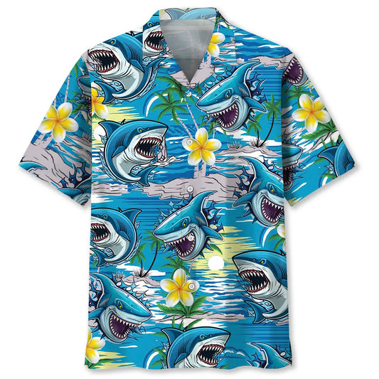 Island Shark Aloha Hawaiian Shirt For Summer Vacation, Beach Travel, And Casual Wear