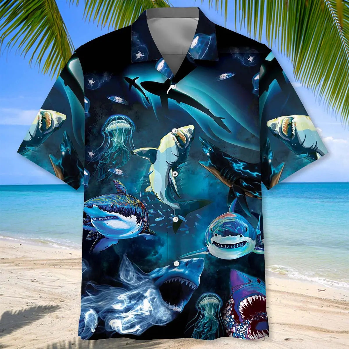 Shark Creative Pattern Hawaiian Shirt For Island Vacations, Weekend Events, And Relaxed Everyday Outfits