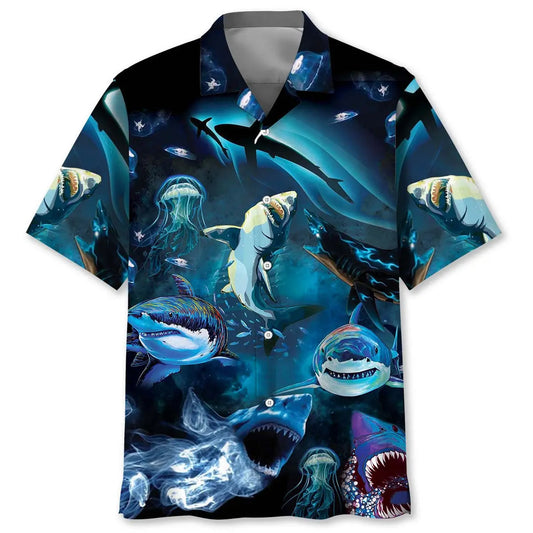 Shark Creative Pattern Hawaiian Shirt For Island Vacations, Weekend Events, And Relaxed Everyday Outfits