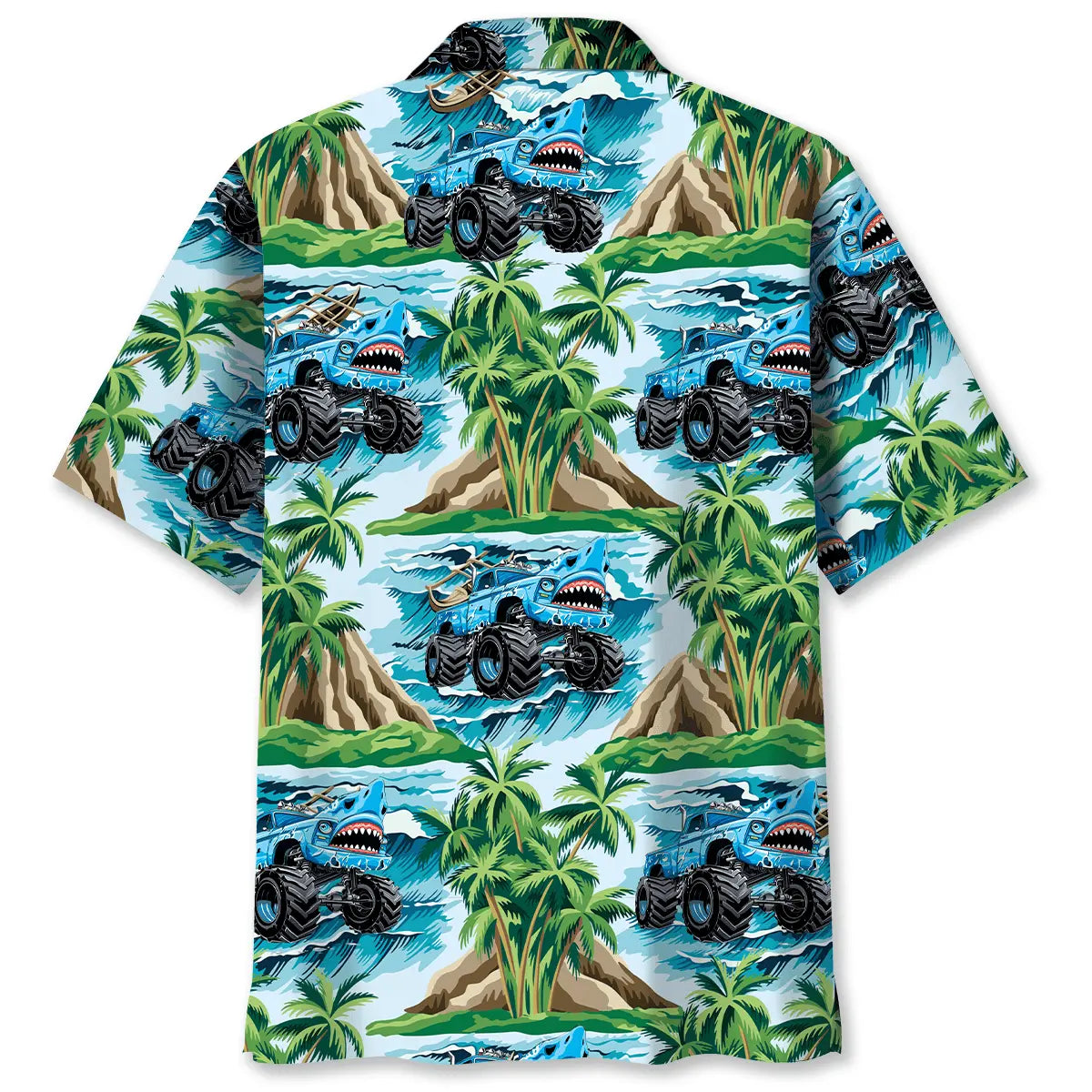 Shark Monster Truck Beach Hawaiian Shirt For Road Trip Adventures, Resort Days, And Comfortable Everyday Wear