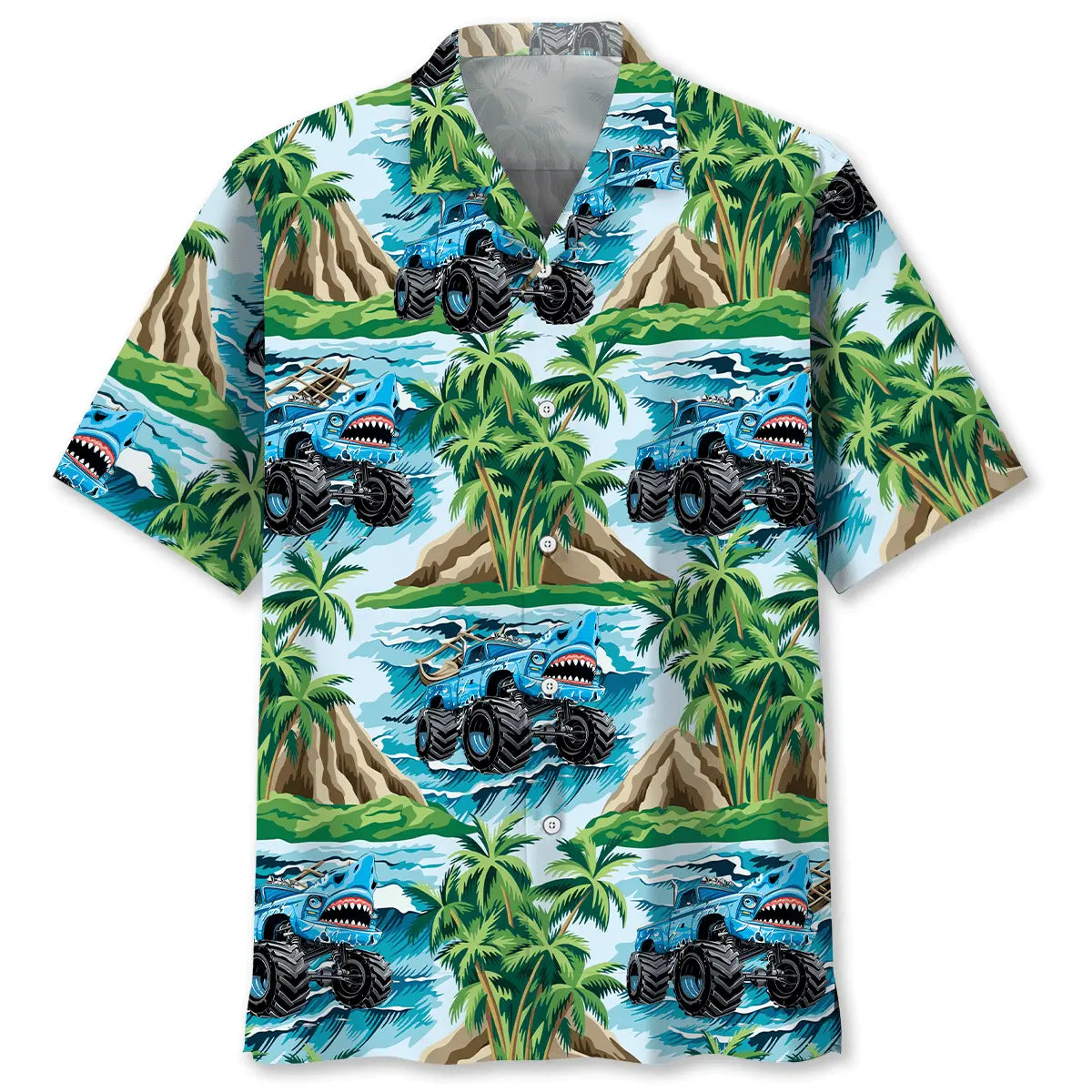 Shark Monster Truck Beach Hawaiian Shirt For Road Trip Adventures, Resort Days, And Comfortable Everyday Wear