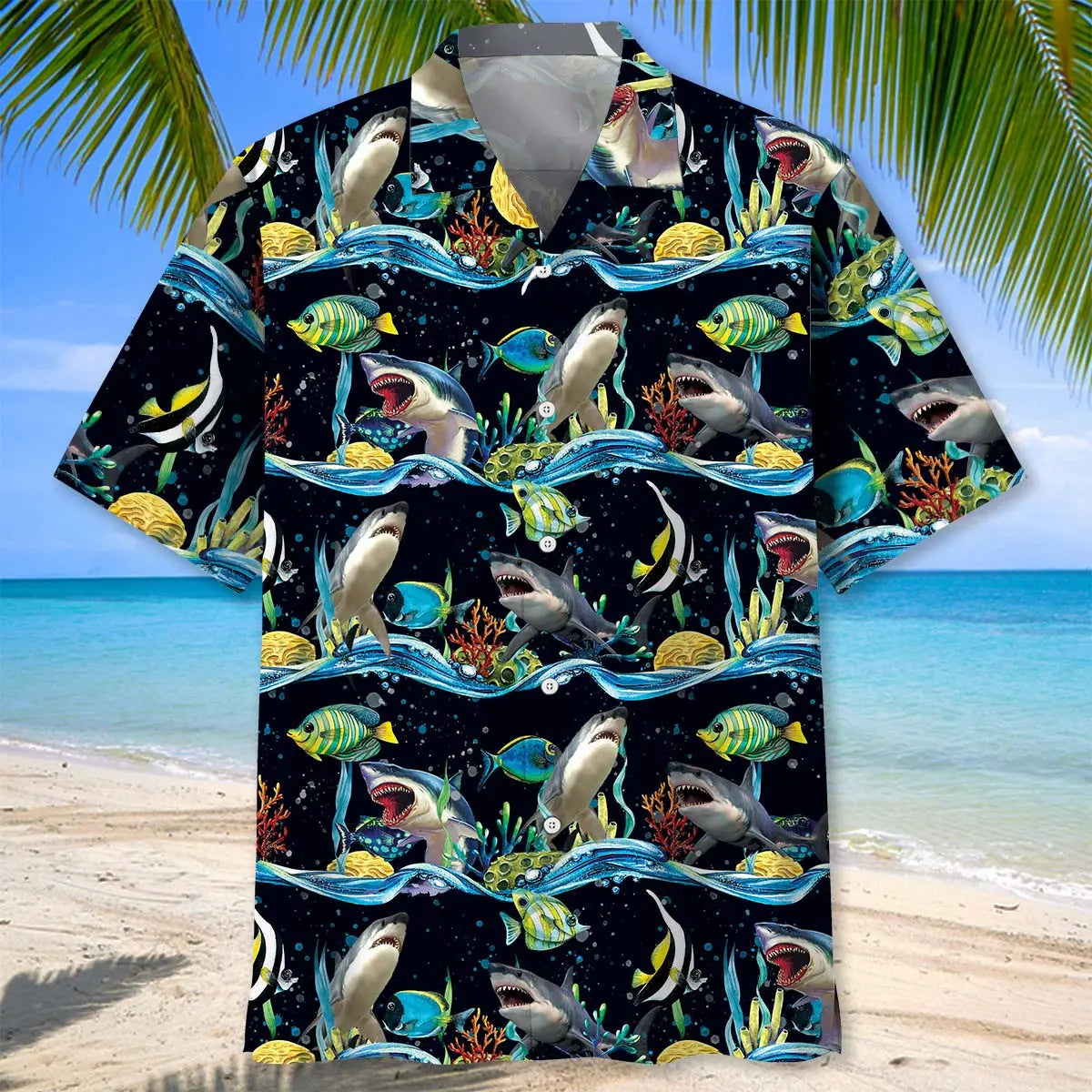 Shark Under Sea Hawaiian Shirt For Summer Vacation, Beach Travel, And Casual Wear