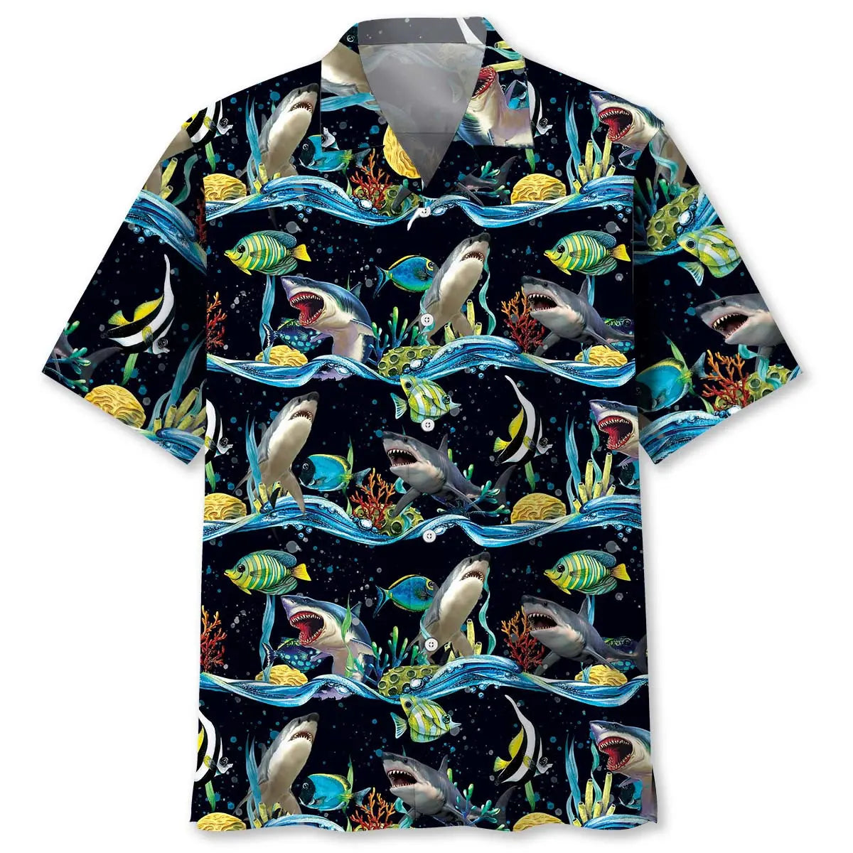 Shark Under Sea Hawaiian Shirt For Summer Vacation, Beach Travel, And Casual Wear