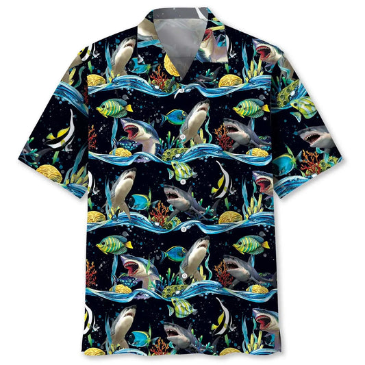 Shark Under Sea Hawaiian Shirt For Summer Vacation, Beach Travel, And Casual Wear