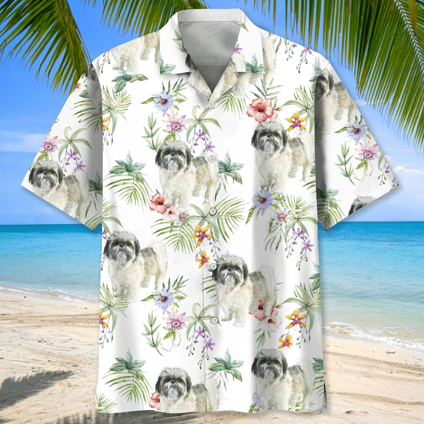 Tropical Shih Tzu Hawaiian Shirt For Resort Trips, Coastal Parties, And Warm Weather Style