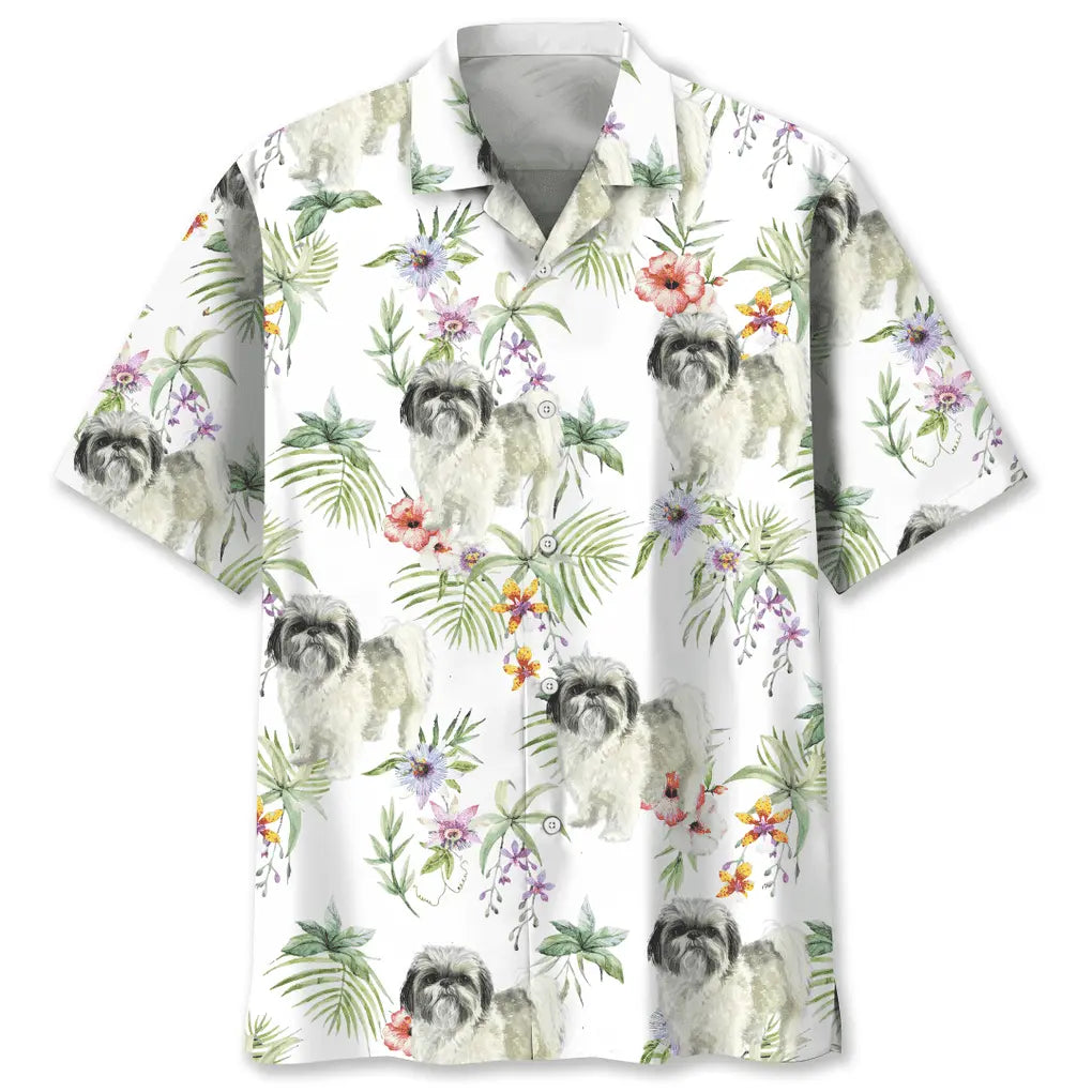 Tropical Shih Tzu Hawaiian Shirt For Resort Trips, Coastal Parties, And Warm Weather Style