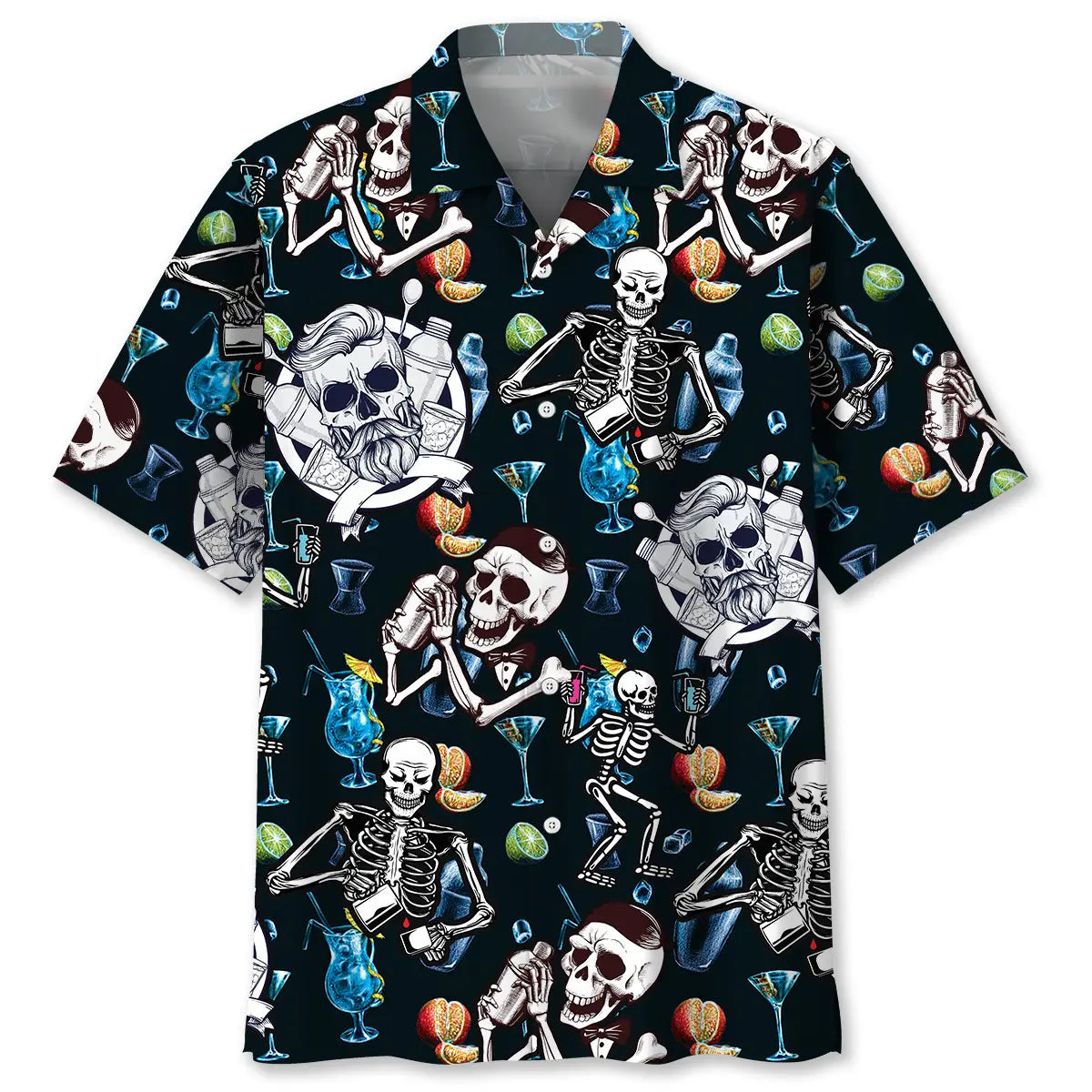 Skeleton Bartender Hawaiian Shirt For Summer Vacation, Beach Travel, And Casual Wear