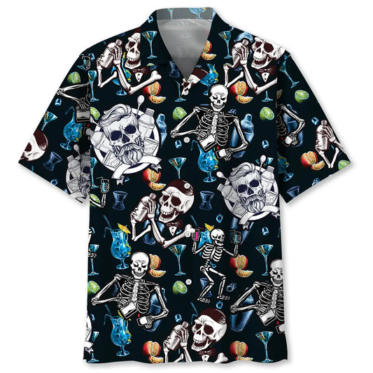 Skeleton Bartender Hawaiian Shirt For Summer Vacation, Beach Travel, And Casual Wear