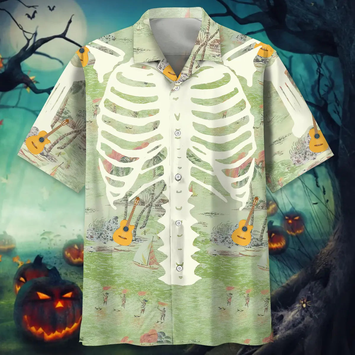 Skeleton Guitar Pattern Hawaiian Shirt For Music Fans, Resort Parties, And Warm Weather Events