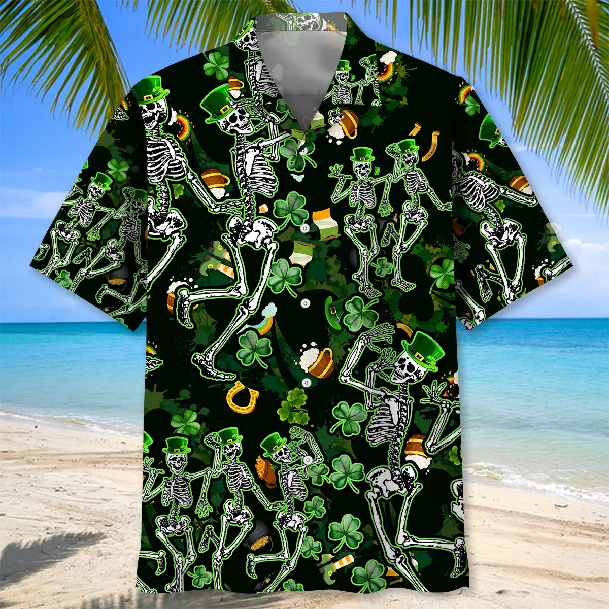 Skeleton Irish Saint Patrick's Day Hawaiian Shirt For Resort Trips, Coastal Parties, And Warm Weather Style