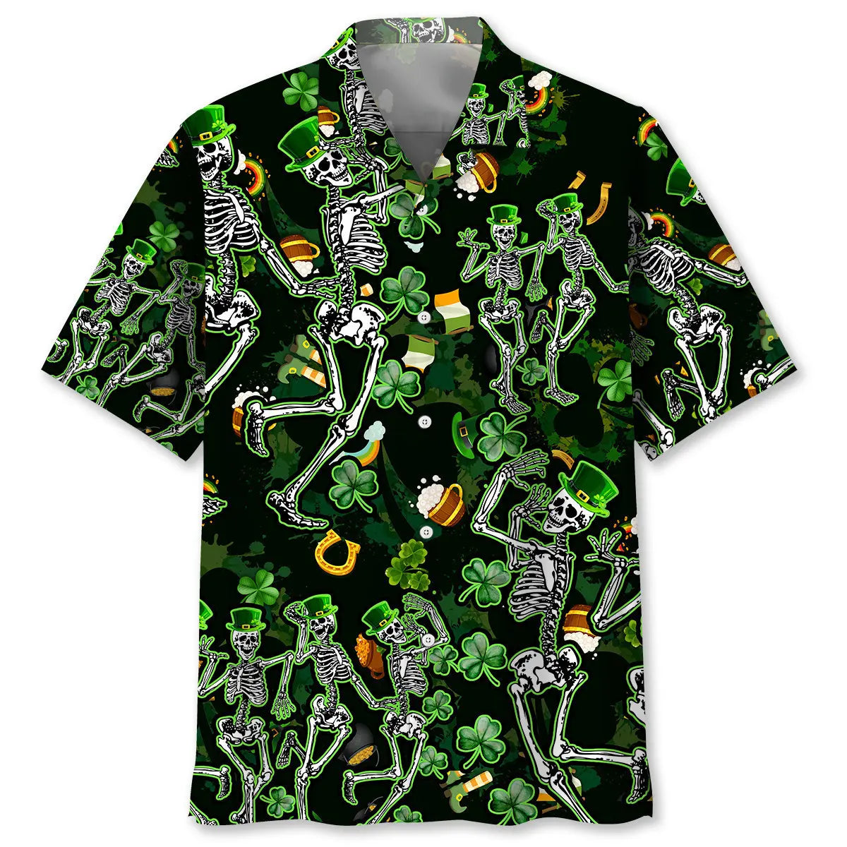 Skeleton Irish Saint Patrick's Day Hawaiian Shirt For Resort Trips, Coastal Parties, And Warm Weather Style