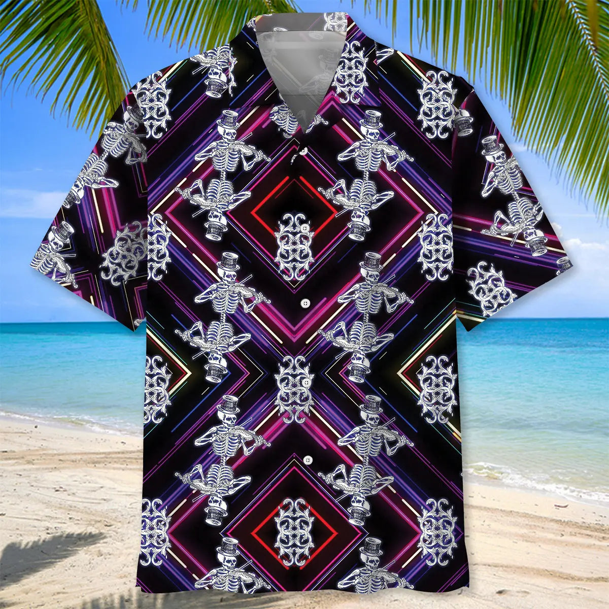 Skeleton Violin Hawaiian Shirt For Summer Vacation, Beach Travel, And Casual Wear