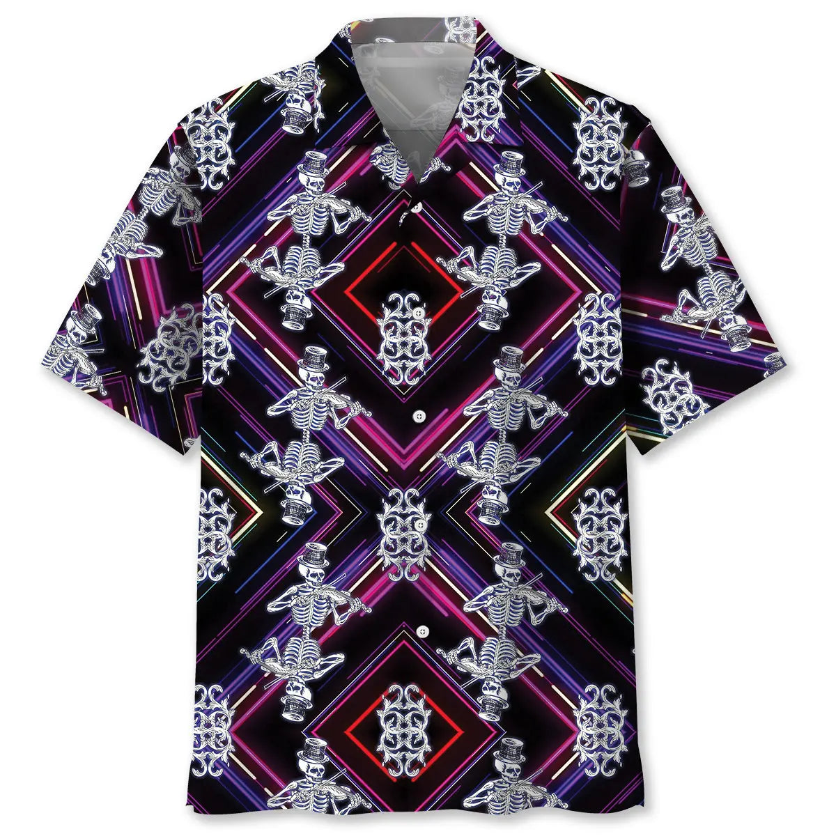 Skeleton Violin Hawaiian Shirt For Summer Vacation, Beach Travel, And Casual Wear