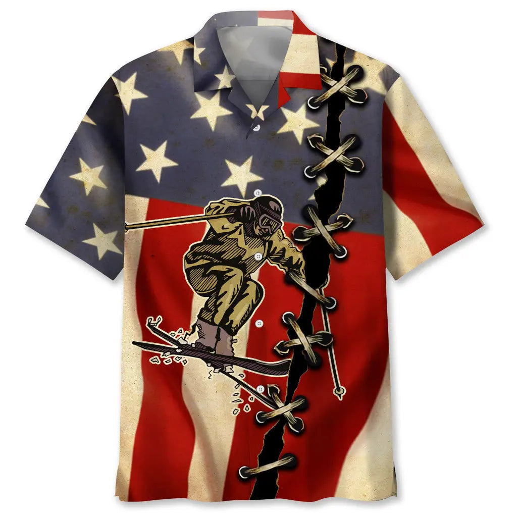 American Skiing Flag Hawaiian Shirt For Summer Vacation, Beach Travel, And Casual Wear