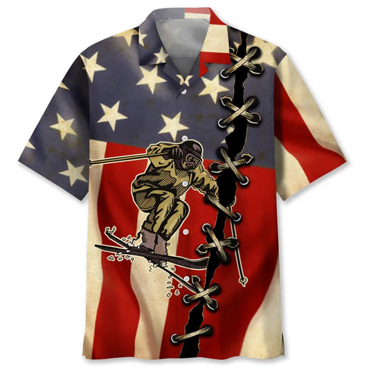 American Skiing Flag Hawaiian Shirt For Summer Vacation, Beach Travel, And Casual Wear
