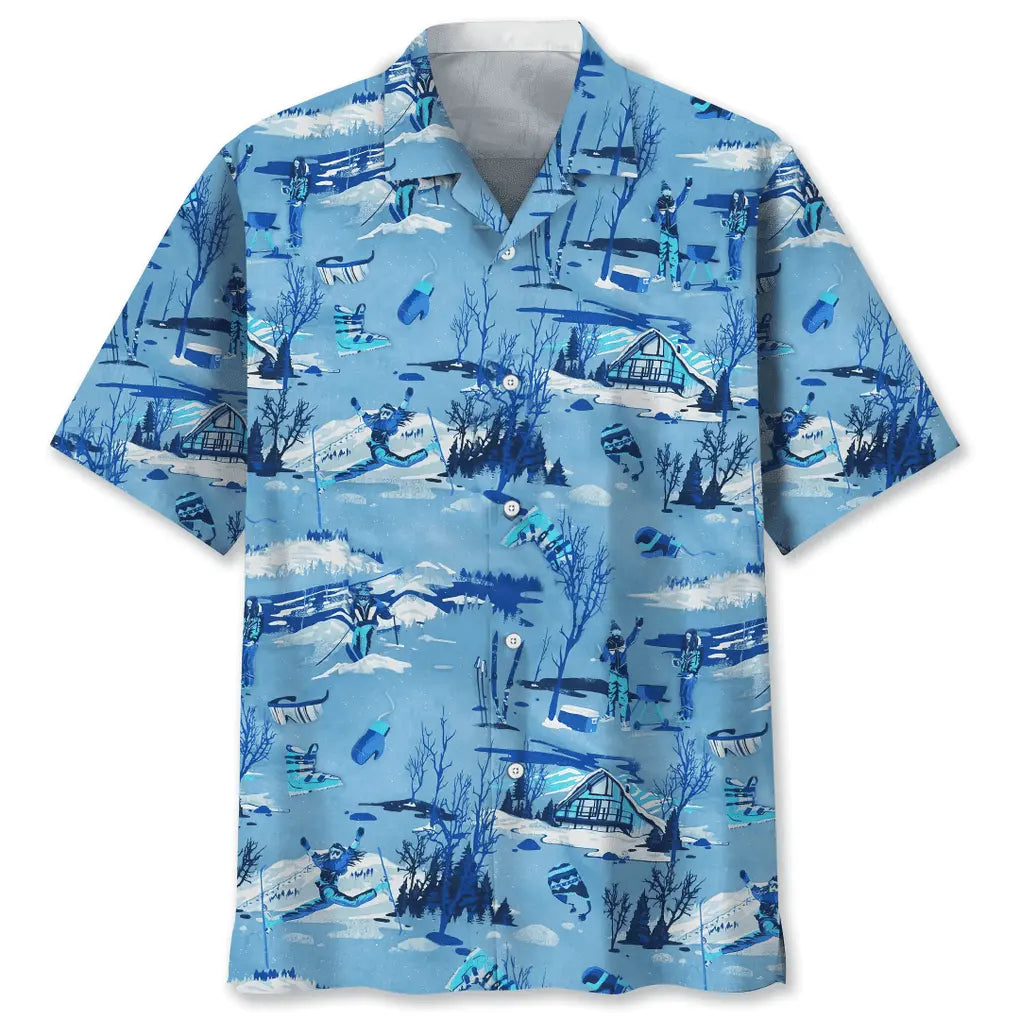 Skiing Blue Hawaiian Shirt For Summer Vacation, Beach Travel, And Casual Wear