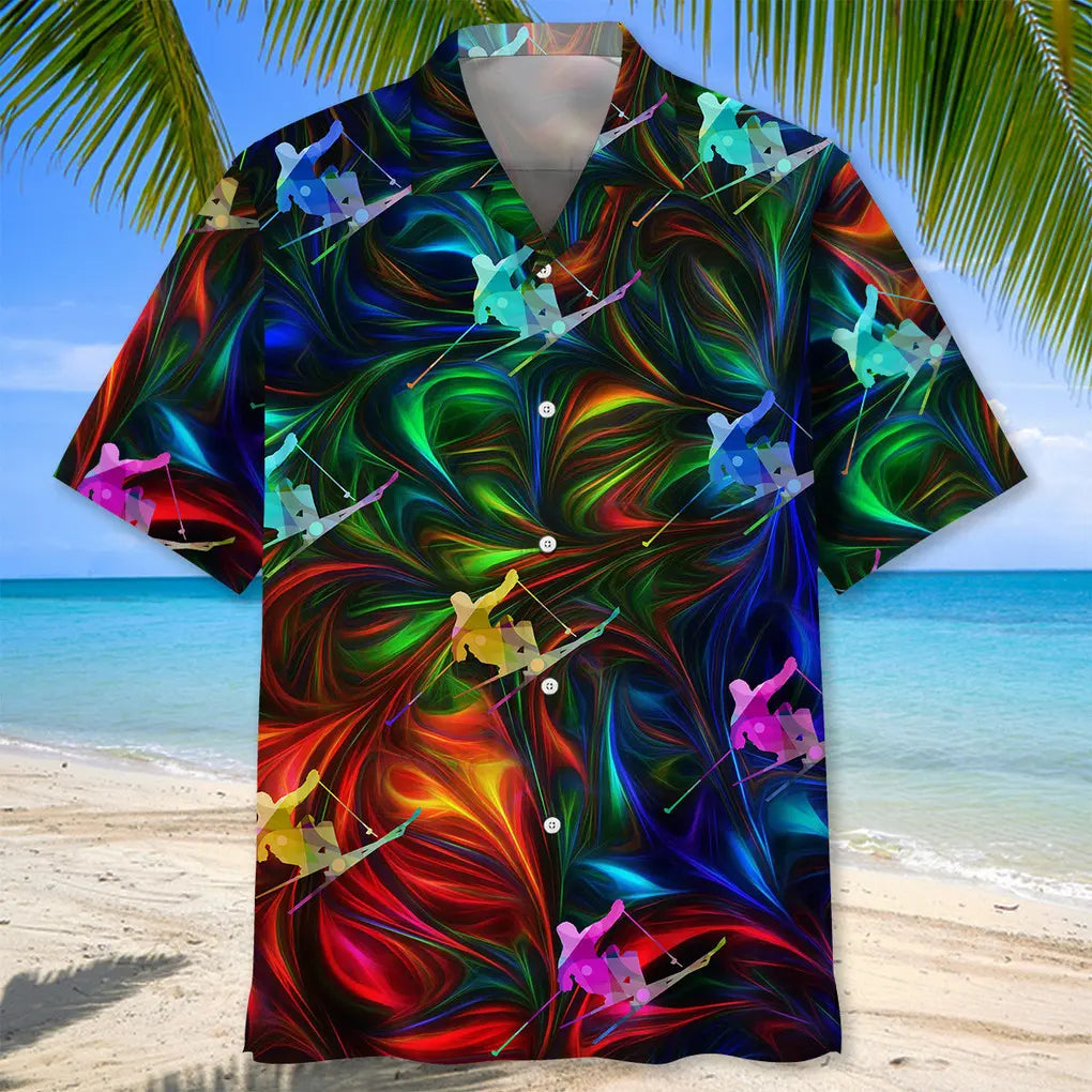 Colorful Skiing Hawaiian Shirt For Coastal Travel, Casual Events, And Comfortable Summer Wear