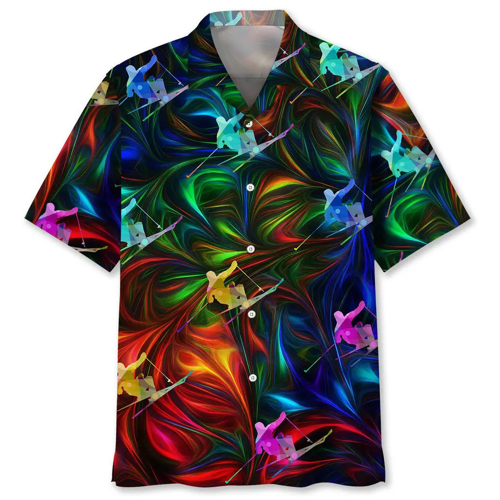 Colorful Skiing Hawaiian Shirt For Coastal Travel, Casual Events, And Comfortable Summer Wear