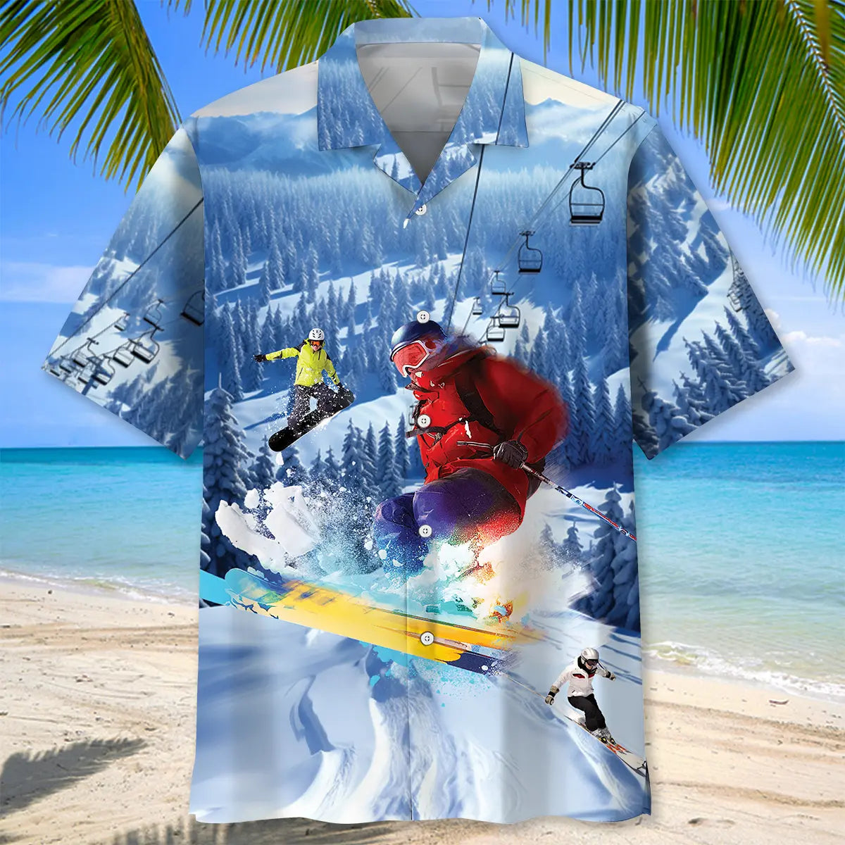 Skiing Creative Pattern Hawaiian Shirt For Summer Vacation, Beach Travel, And Casual Wear