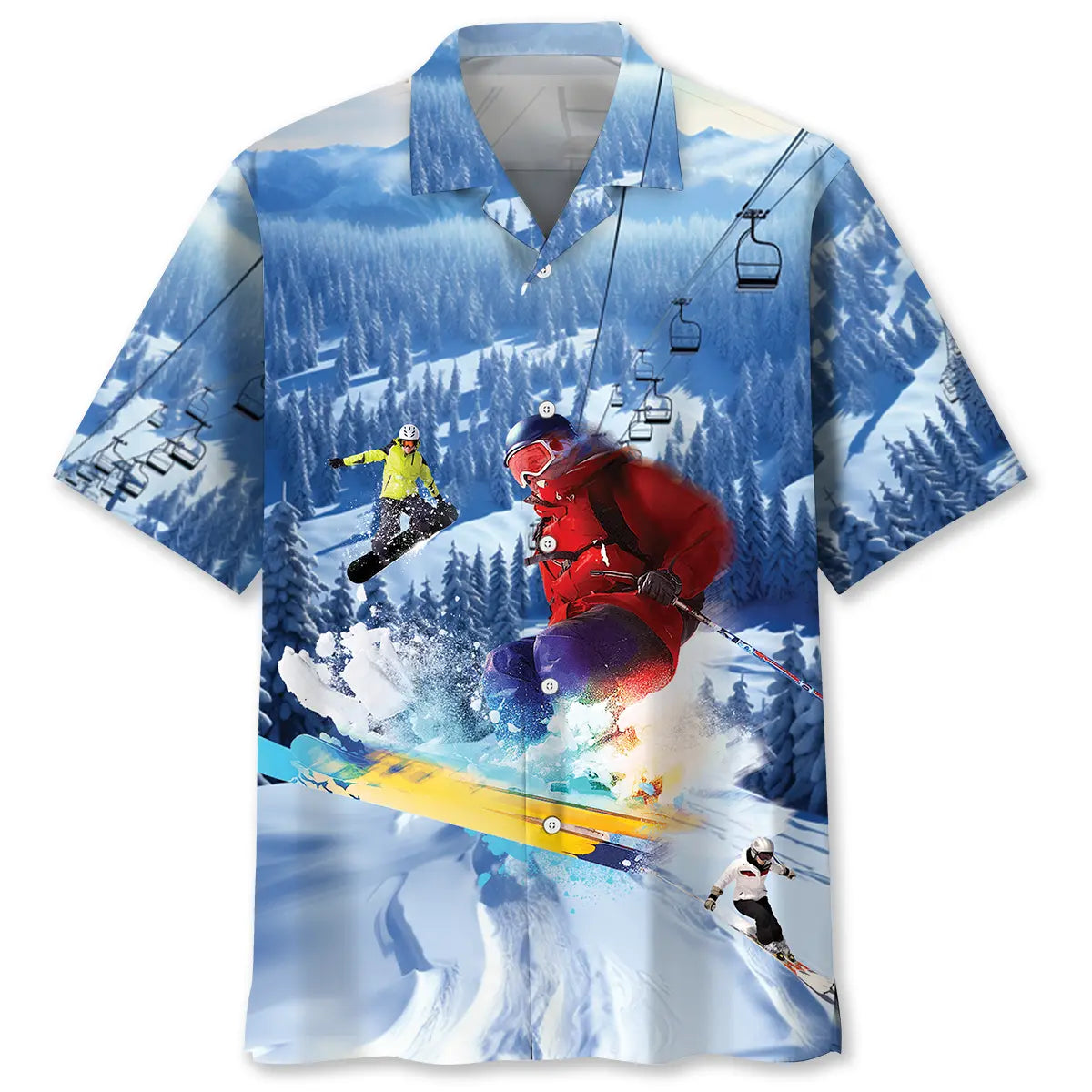 Skiing Creative Pattern Hawaiian Shirt For Summer Vacation, Beach Travel, And Casual Wear