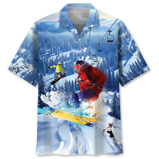 Skiing Creative Pattern Hawaiian Shirt For Summer Vacation, Beach Travel, And Casual Wear