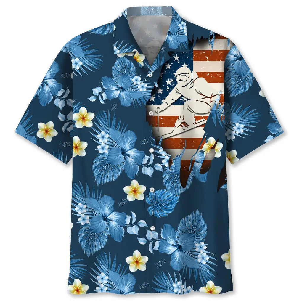 American Tropical Skiing Blue Hawaiian Shirt For Summer Vacation, Beach Travel, And Casual Wear