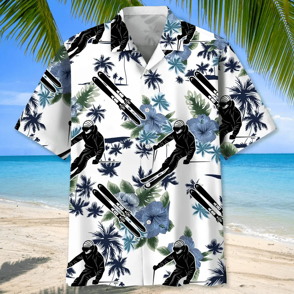 Skiing White Nature Hawaiian Shirt For Summer Vacation, Beach Travel, And Casual Wear