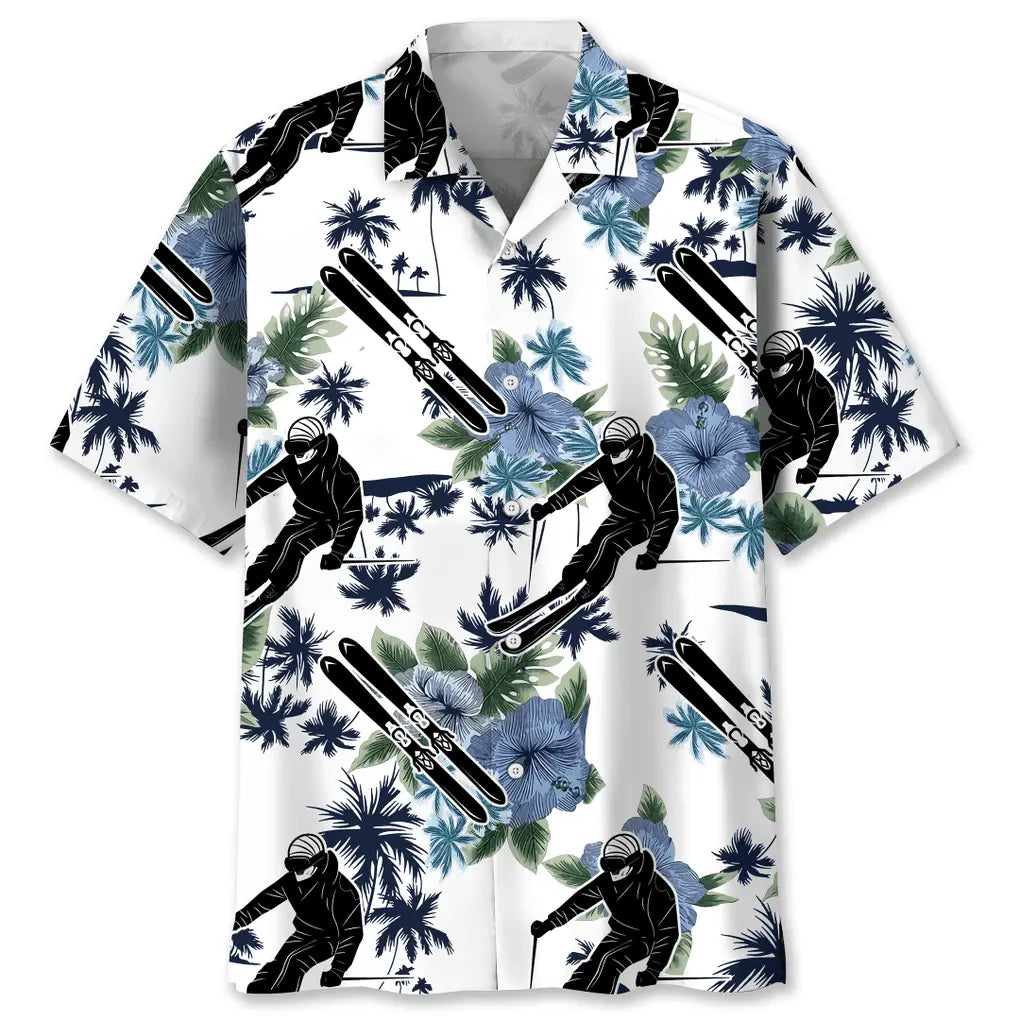 Skiing White Nature Hawaiian Shirt For Summer Vacation, Beach Travel, And Casual Wear