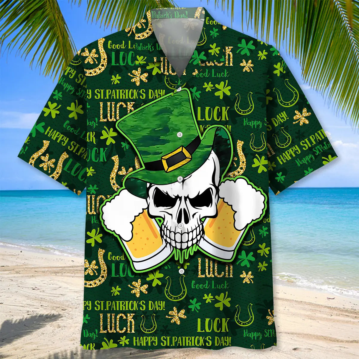Skull Beer Green Irish Saint Patrick's Day Hawaiian Shirt For Resort Trips, Coastal Parties, And Warm Weather Style