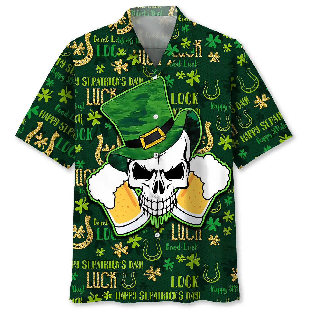 Skull Beer Green Irish Saint Patrick's Day Hawaiian Shirt For Resort Trips, Coastal Parties, And Warm Weather Style