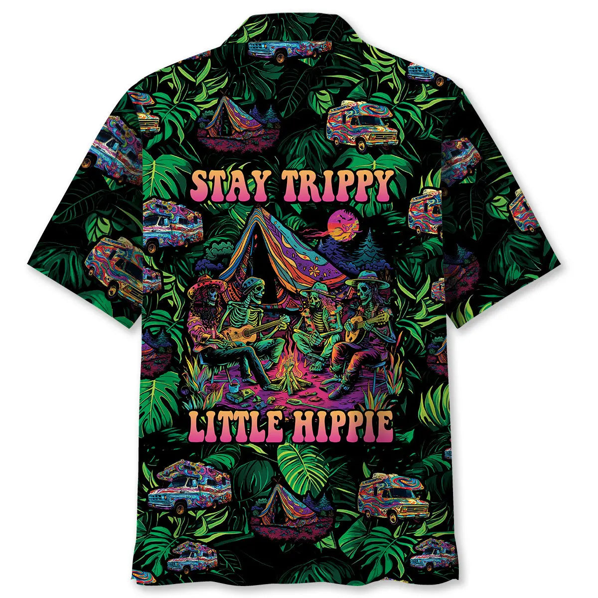 Skull Camping Stay Trippy Hippie Hawaiian Shirt For Summer Vacation, Beach Travel, And Casual Wear