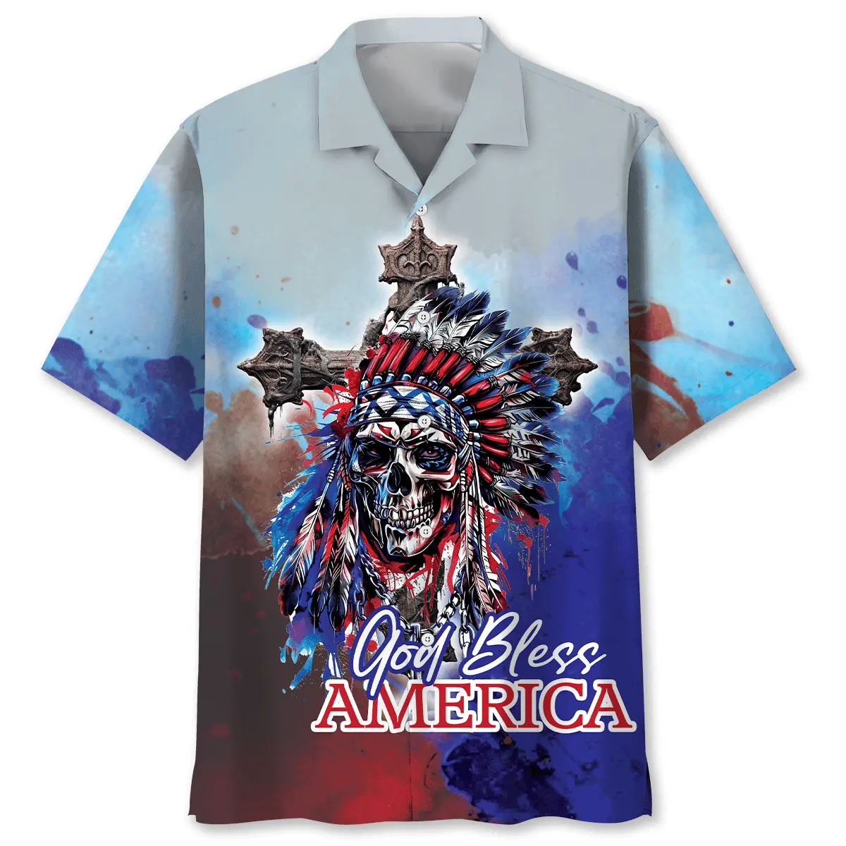 Patriotic Skull Faith Hawaiian Shirt For Island Vacations, Resort Wear, And Relaxed Seasonal Style