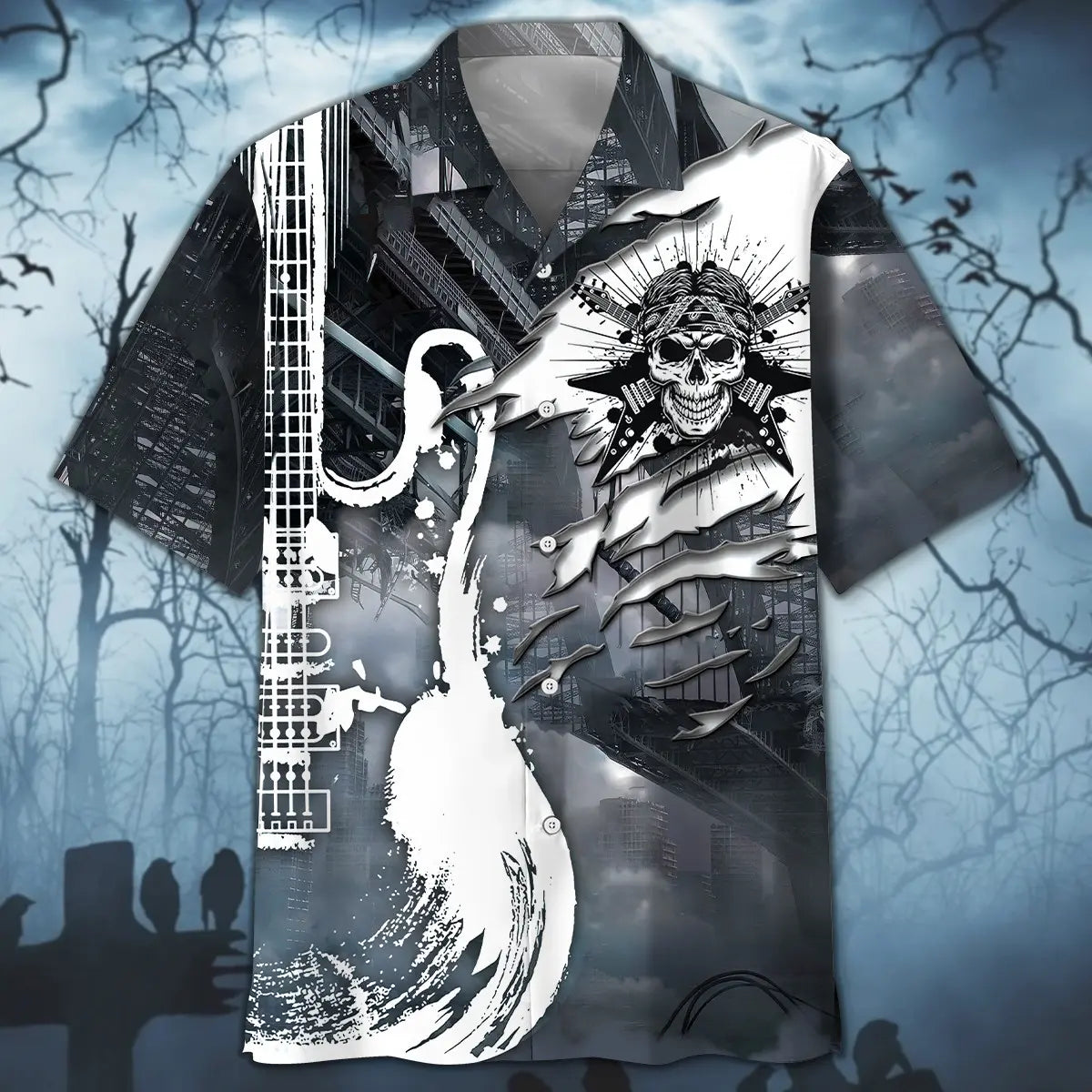 Gothic Skull Guitar Rock Hawaiian Shirt For Beach Days, Summer Outings, And Thoughtful Gift Giving