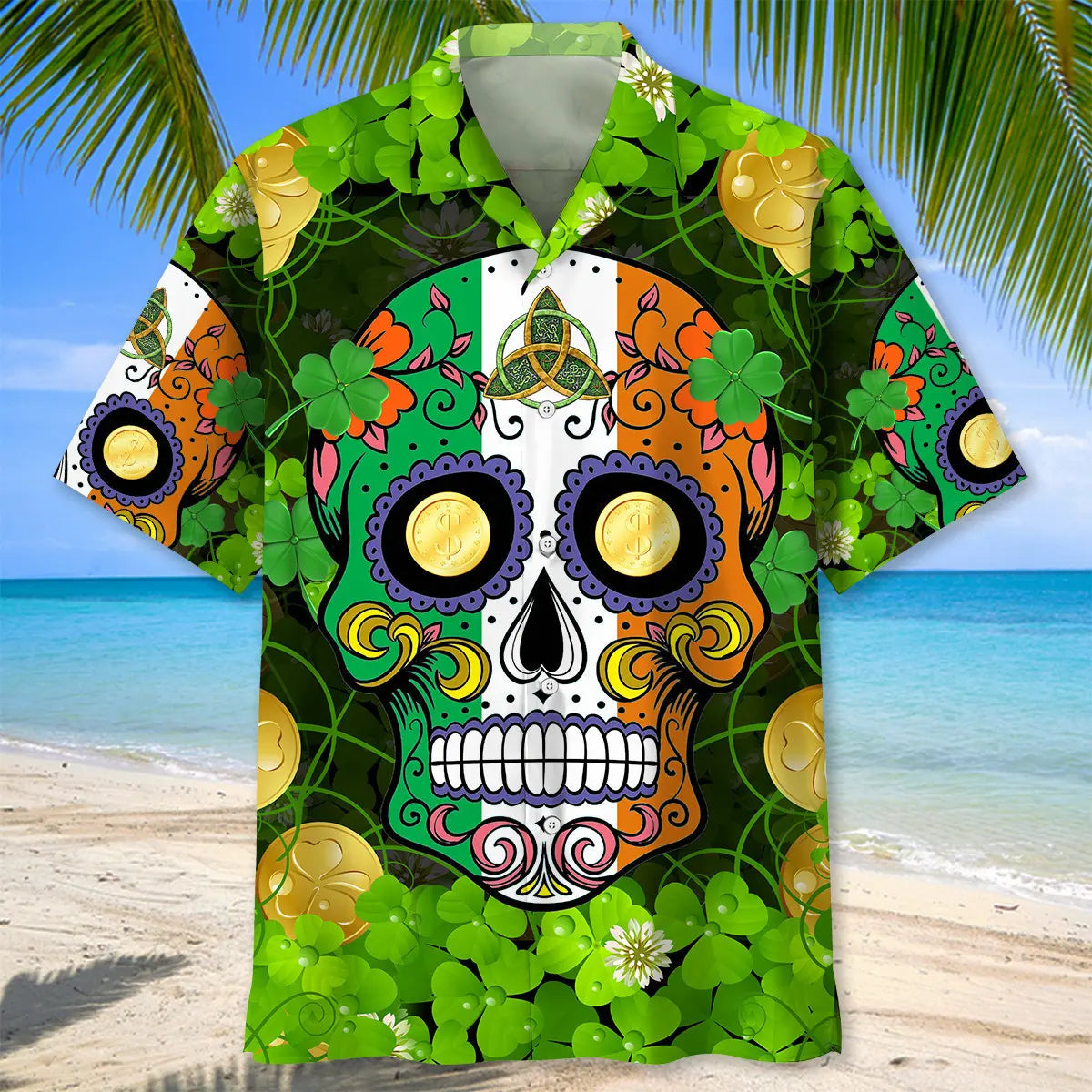 Skull Irish Saint Patrick's Day Hawaiian Shirt For Winter Celebrations, Beach Travel, And Relaxed Holiday Wear