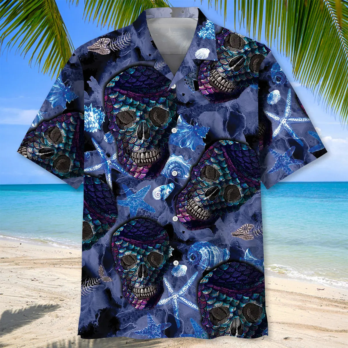 Skull Mermaid Hawaiian Shirt For Summer Vacation, Beach Travel, And Casual Wear