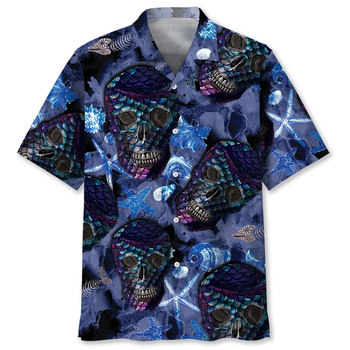 Skull Mermaid Hawaiian Shirt For Summer Vacation, Beach Travel, And Casual Wear