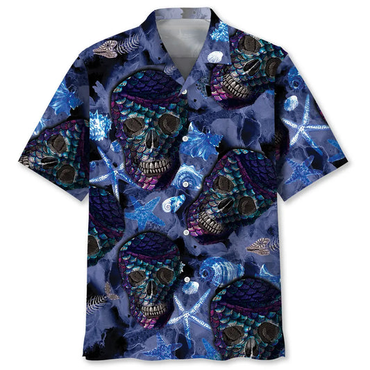 Skull Mermaid Hawaiian Shirt For Summer Vacation, Beach Travel, And Casual Wear