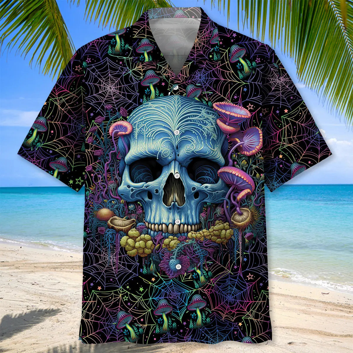 Skull Mushroom Hawaiian Shirt For Creative Adventures, Beach Travel, And Bold Warm Weather Wear