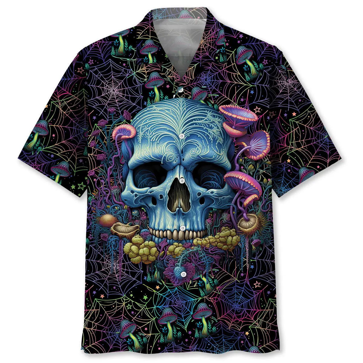 Skull Mushroom Hawaiian Shirt For Creative Adventures, Beach Travel, And Bold Warm Weather Wear