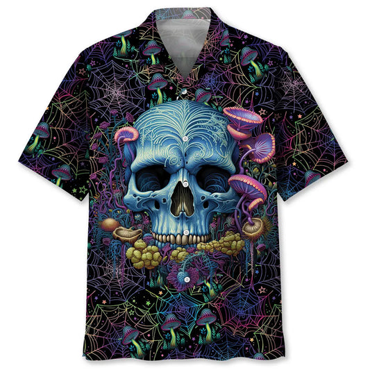 Skull Mushroom Hawaiian Shirt For Creative Adventures, Beach Travel, And Bold Warm Weather Wear
