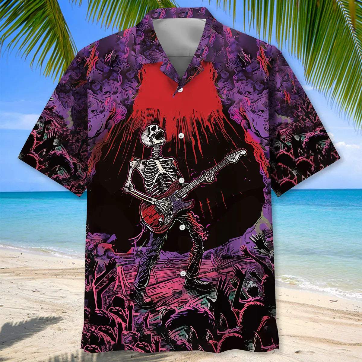 Skull Punk Rock Guitarist Hawaiian Shirt For Music Fans, Resort Parties, And Warm Weather Events