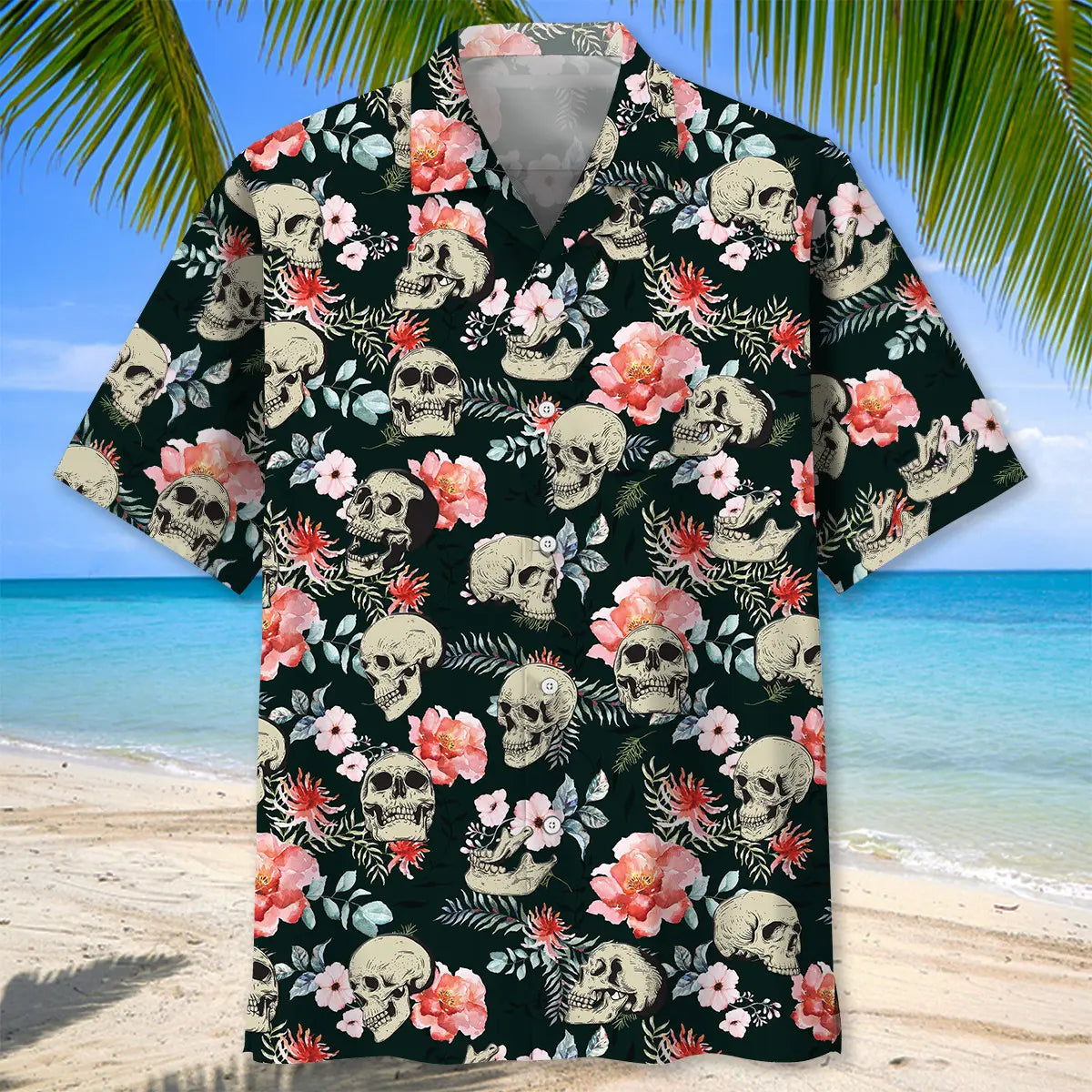 Skull Roses Hawaiian Shirt For Summer Vacation, Beach Travel, And Casual Wear