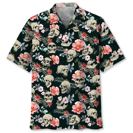 Skull Roses Hawaiian Shirt For Summer Vacation, Beach Travel, And Casual Wear