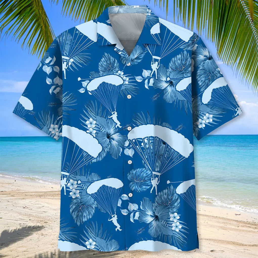 Skydiving Blue Hawaiian Shirt For Resort Trips, Coastal Parties, And Warm Weather Style